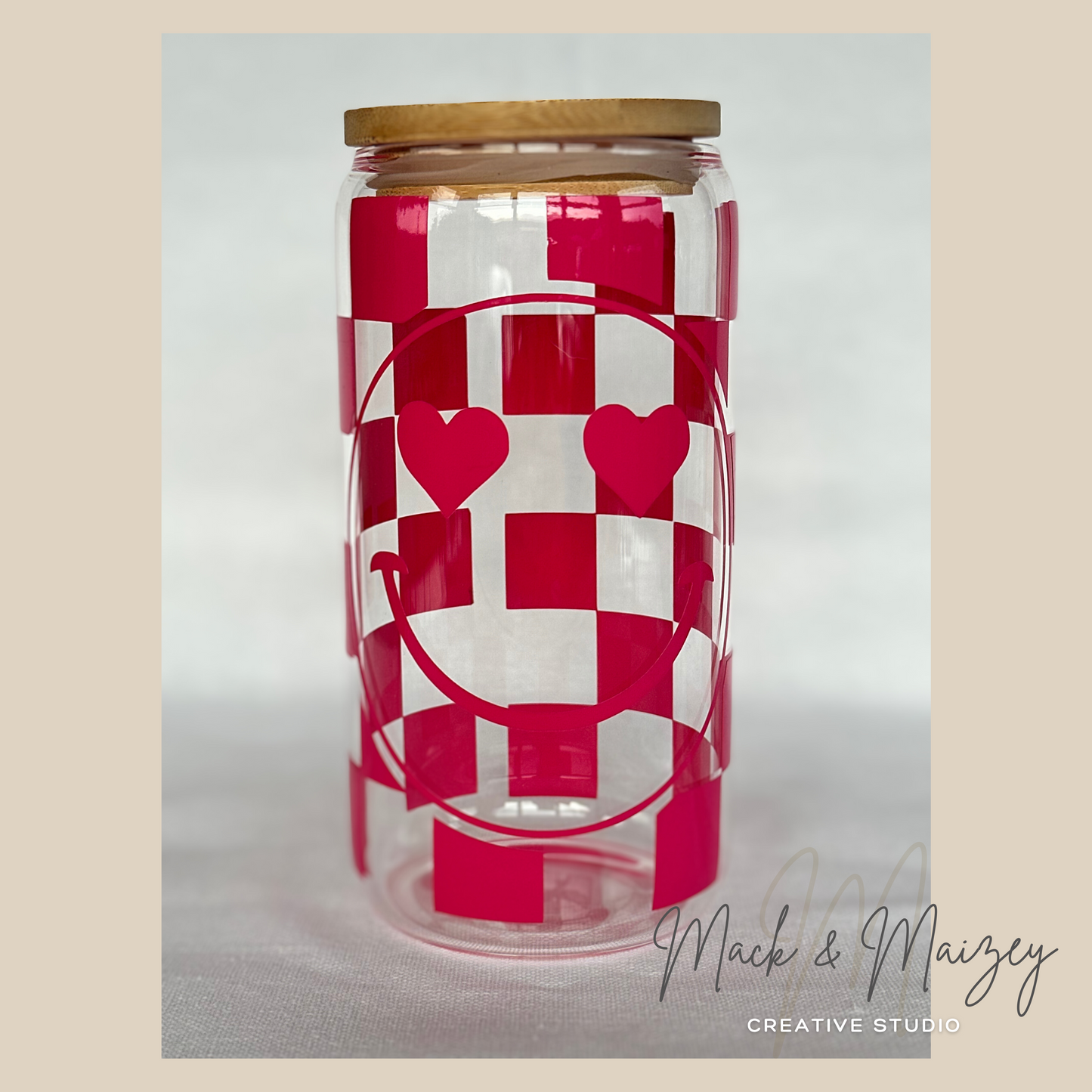Smiley Checkered Clear Glass Can